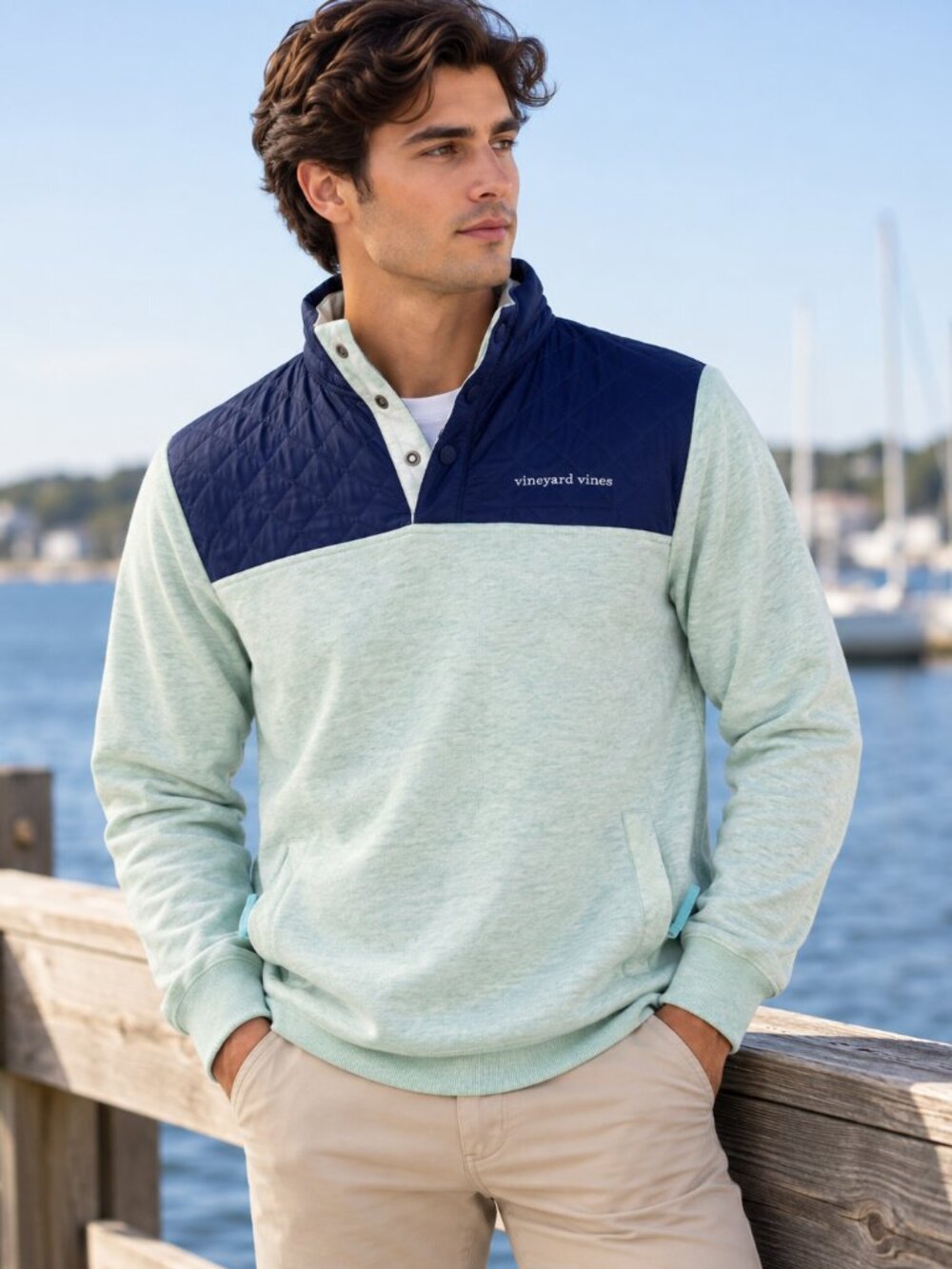 Vineyard Vines Performance Men's Mint Green Navy Quilted Snap Neck Pullover Size